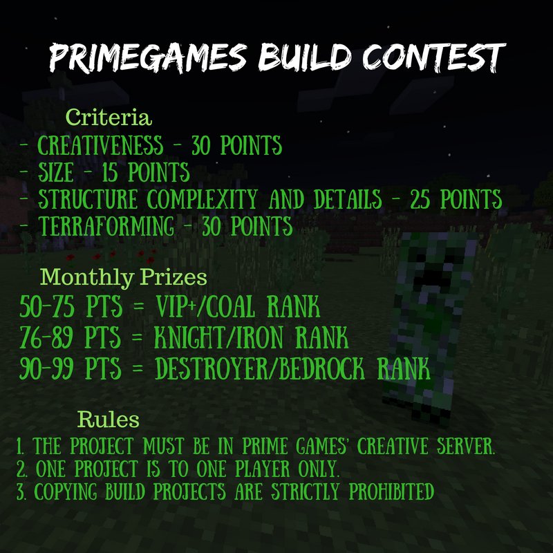 PrimeGames_'s tweet photo. Are you joining the building contest this month? 🎉 Don't forget to check the new criteria and prizes, then go post your best build on https://t.co/gLwX0jphxW Good luck! 🍀#minecraft #MinecraftPE #PrimeGamesMCS #Minecraftbuilds https://t.co/j2KrqRWKTr