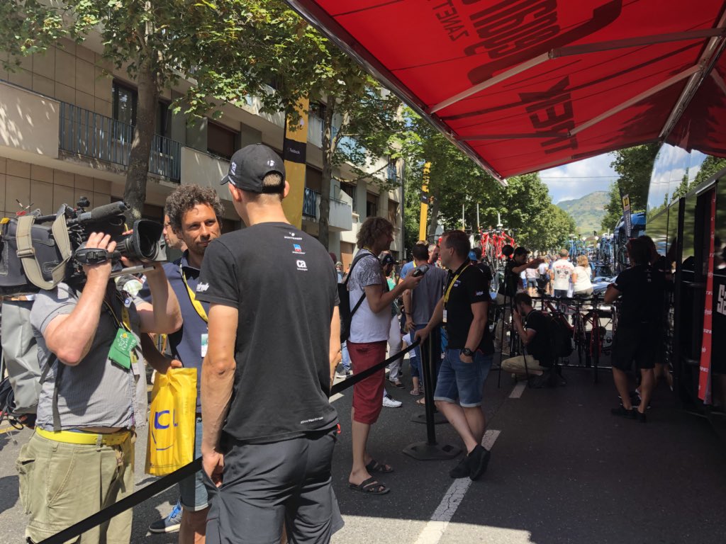 LidlTrek's tweet photo. Good morning from stage 15 @letour! The guys are taking some time to talk to the press first. #TourDeTFS #TDF2018 https://t.co/WeyS8JnWfc