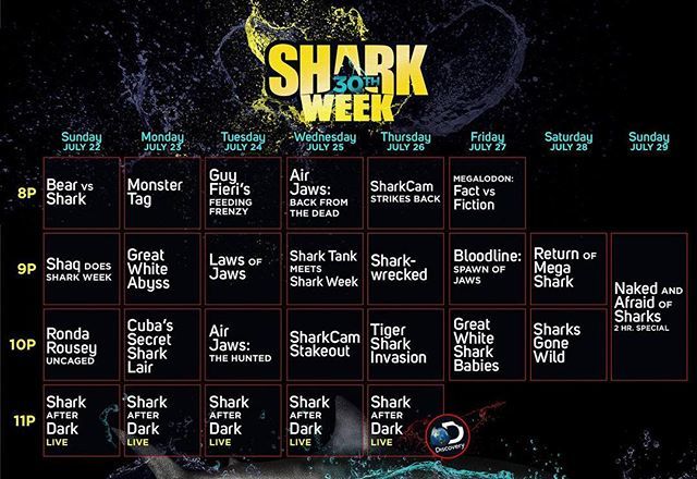 sharkxperts's tweet photo. SHARK WEEK starts tonight! Here’s all the listings for you shark fans out there! #sharks #sharkweek #sharkweek2018 #sdx #sharkdiving #sharkdivingxperts #discovery #discoverychannel #listings #schedule #weekofsharks #sharkweek30thanniversary #greatwhiteab… https://t.co/RDOdykOK47 https://t.co/QFUTIyb9wF