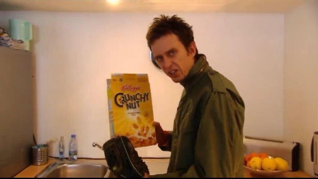 "Nice packet of Crunchy Nut you got here. Pretty expensive, as I recall."
