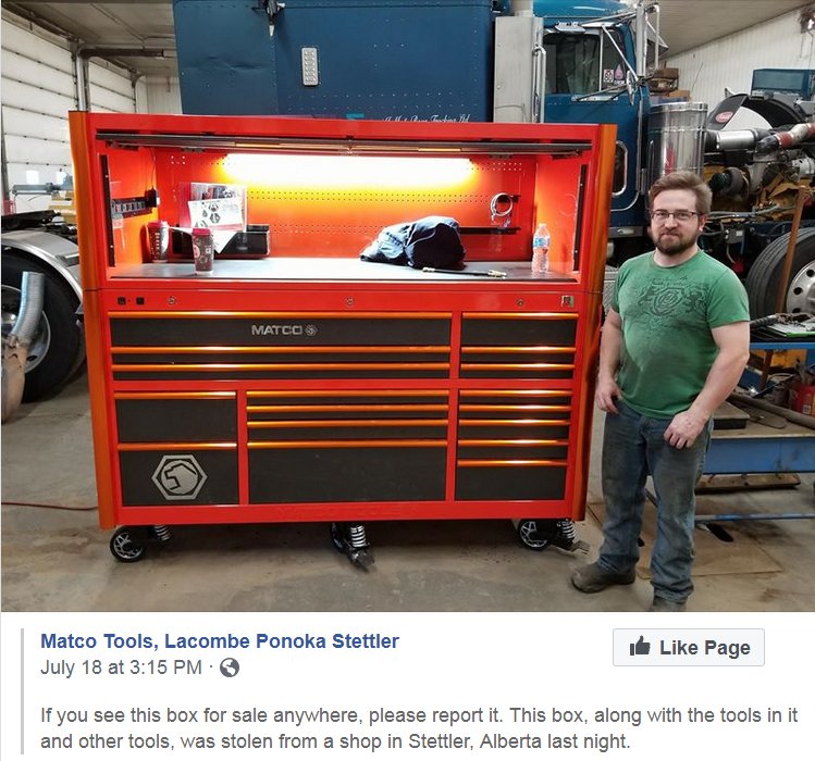 OrcaBC101's tweet image. STOLEN: If you see this box for sale anywhere, please report it. This box, along with the tools in it and other tools, was stolen from a shop in Stettler, Alberta last night. #stolen #stettler #Alberta