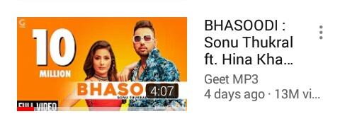 Manisha90294538's tweet photo. #Congratulations @eyehinakhan Di & @SonuThukral Sir #BhasoodiHits13Million Views & #200k Likes Today.Only #4days after Releasing #Bhasoodi FullMusicVideo.Congrats To #BhasoodiTeam fr their gd work.CelebrationTimeOn. #HappySuccess ProudofDi #HinaReignsBhasoodi @GeetMP3 @JJROCKXX https://t.co/UfWeuO6vQu