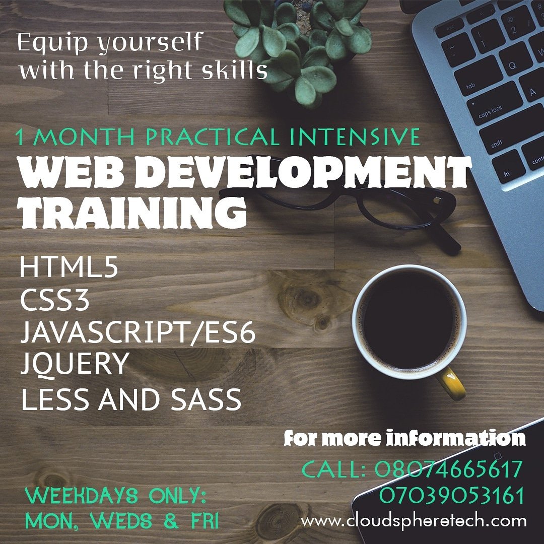 cloudspheretech's tweet photo. While banks are at #BankWars, Register to become a Pro Website Developer.

1 month practical intensive training.
HTML5, CSS3, JavaScript, jQuery, LESS &amp; SASS.

Register: https://t.co/LdKfR6uhUt 

#web #website #webdevelopment #training https://t.co/0l1h8GciAD