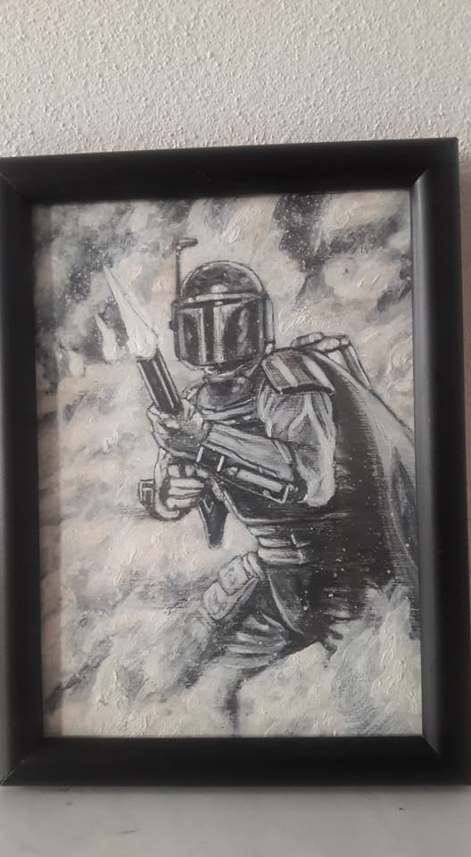 Artbybenhigbie's tweet photo. #BobaFett #acrylicpainting #painting #art #arts #artlovers #sdcc #sdcc2018 #sandiegocomiccon #geeks #fanart #lucasfilm framed w/glass,Available,$44,shipp incl #artists #artist #comicocn #comicconasia2018 #supportlivingartists #scifiart #scifi #sciencefiction #mandalore #cosplay https://t.co/oZS8FdkTzt