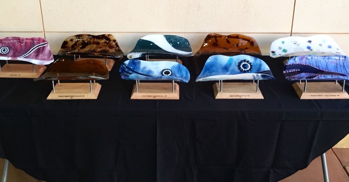 PrendivilleG's tweet image. Fused glass coolamons, made by Prendiville students, ready for presentation at the BHP NAIDOC 2018 awards. Congratulations to Aaron Thomas who won three categories.