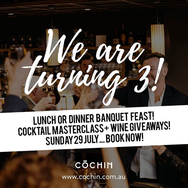 Cochinmelb's tweet photo. Jase &amp; the Cochin Crew are absolutely thrilled to turn 3!! And on behalf of Jase &amp; the Cochin Team you are invited to join them for a day of fabulous food, wine &amp; festivities. 🎉 Join us for a $55 or $65 Banquet Feast of Suckling Pig Dishes Or A La Carte... Learn sweet trade … https://t.co/01545umBkL