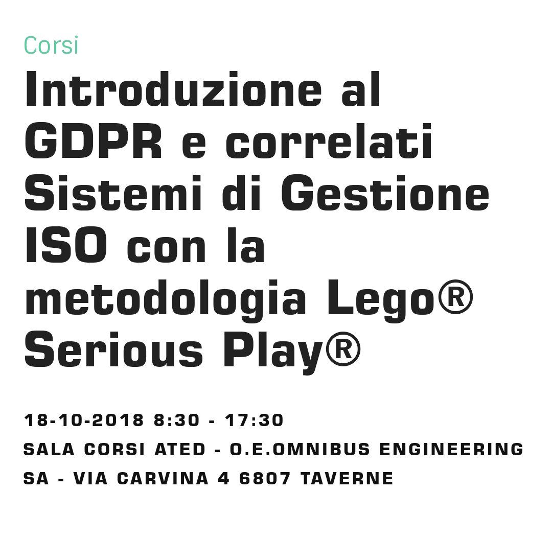 DPO_EU's tweet photo. 18 ottobre #Svizzera #lugano "Introduzione al #GDPR e correlati Sistemi di Gestione #ISO con la metodologia #Legoยฎ Serious Playยฎ"
https://t.co/sI740W8JSy
โ๏ธ#XAFINSA
โ๏ธ@JuarezPere
โ๏ธ@AndreaLeonardix โ๏ธ@StefanoArchisto โ๏ธ@victorjgmacanas โ๏ธ@AngeloIngFreni https://t.co/NI5gZmIf73