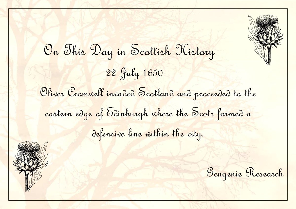 genie_research's tweet photo. This Day In Scottish History
22nd July 1650
Oliver Cromwell invaded Scotland and Edinburgh.
#OliverCromwell #scottishinvasion
#scotland #scottishhistory #history #scottishgenealogy #war #Edinburgh #scottishfamilyhistory #gengenie https://t.co/RLKYhJOQb4 https://t.co/SNTHSPxaS6