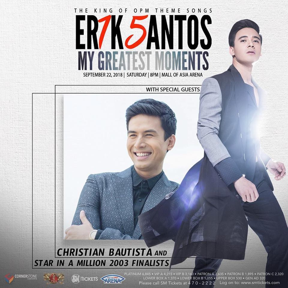 MOAArena's tweet photo. Christian Bautista joins Erik Santos on his 15th year anniversary concert at MOA Arena on Sept. 22! 

Get your tickets now at https://t.co/l4YklBdij2 or at any #SMTickets outlet nationwide! https://t.co/tvvMrdj3i0