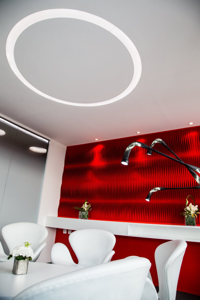 Our red leaf acoustic panel portraying architectural shapes. This famous Leaf design is located in London displaying strong textile surface. #textiles #acoustic