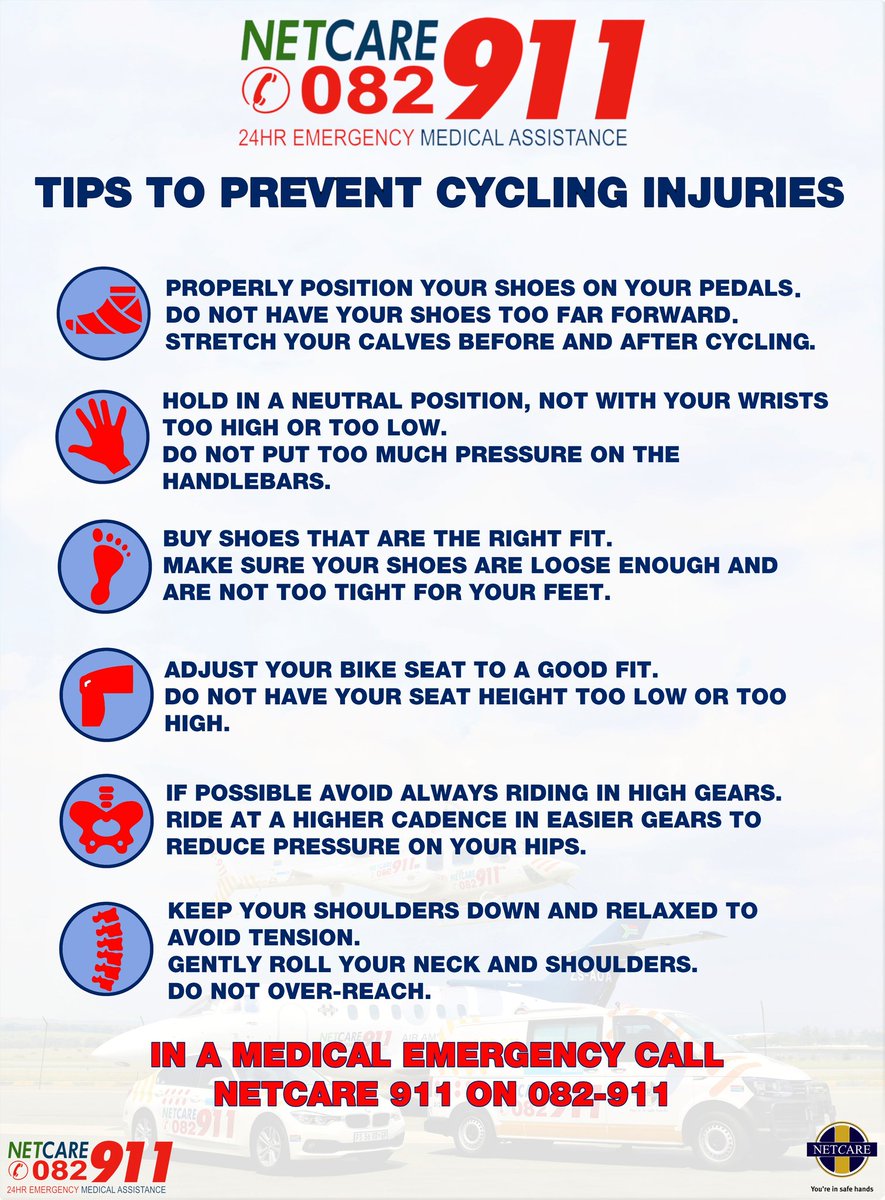Netcare911_sa's tweet photo. Tips to Prevent Cycling Injuries #TrapNET #trapnetcycling #Netcare911 https://t.co/3Oy7I5TGQb