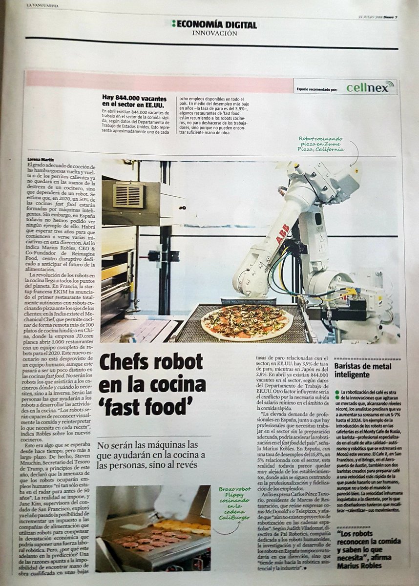 mcroblesza's tweet photo. La 'robolution' está a la vuelta de la esquina, y ahora los restaroides han entrado en la gastronomía. Hoy  @LaVanguardia publica parte de nuestro estudio 'Robots &amp; Gastronomía' https://t.co/g5YqcNNOwh