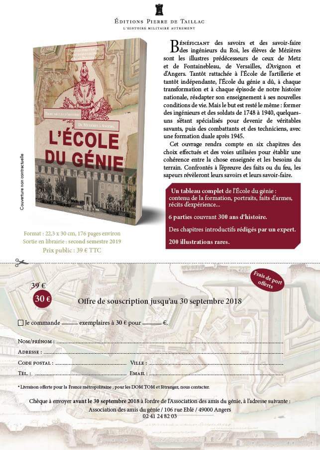 Un livre est à paraître sur les trois siècles d'histoire de l'école. Cet ouvrage sera une référence pour tous les sapeurs passés par notre école de formation depuis la création de Mézières.
Une offre de souscription permet une acquisition réduite à 30€ jusqu'au 30 septembre.
