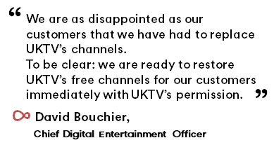 virginmedia's tweet photo. To be clear: we are ready to restore UKTV’s free channels for our customers immediately with @UKTV’s permission.
Read more: https://t.co/Yl9kD2kiVJ https://t.co/9z6nfJU3du