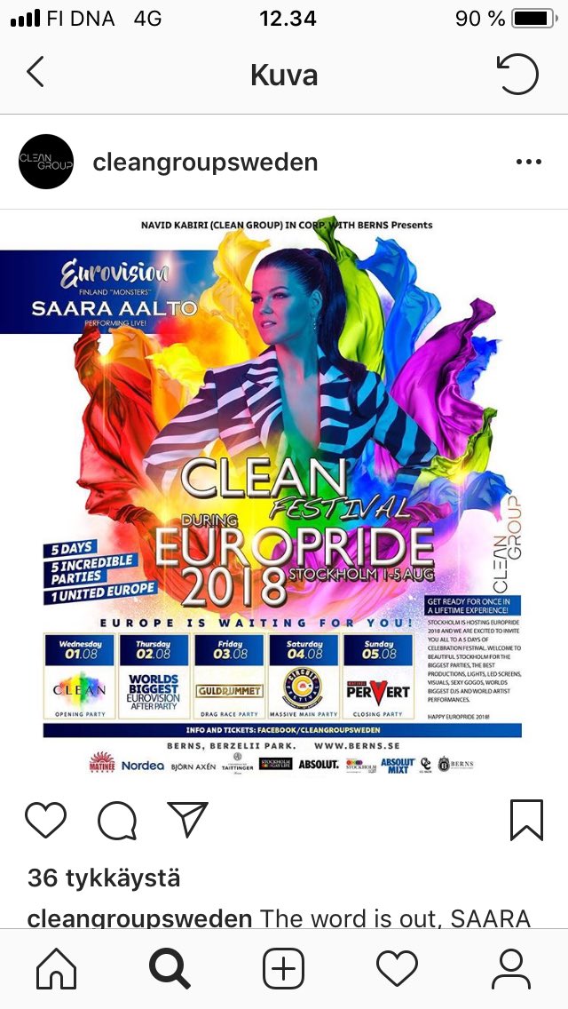 kaarina_ks's tweet photo. The word is out !!!! @saaraaalto will perform LIVE ❤️❤️🔥🏳️🌈🏳️🌈 at #cleanfestival #Europride2018 #monsters #wildwildwonderland https://t.co/cZTUO7pU4r https://t.co/hXxNnZipvi
