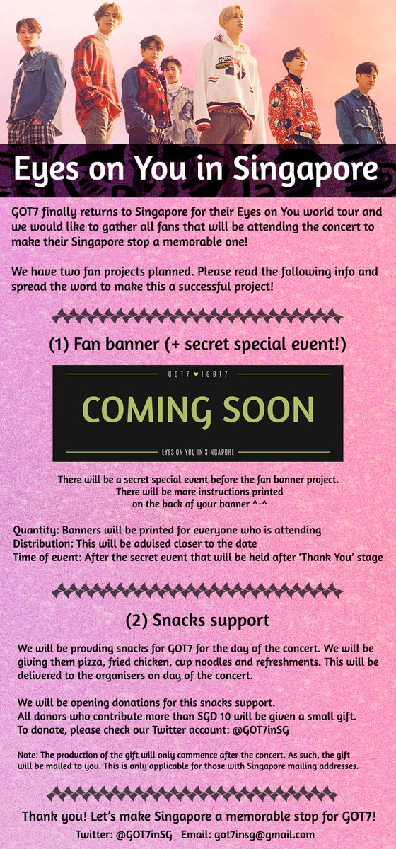 GOT7inSG's tweet photo. D-13 to Eyes on You in Singapore! We are very excited to finally announce the fan projects approved by organisers and JYPE!

Please spread the news so we can make Singapore a memorable stop for GOT7!

Full: https://t.co/HzH2xgp9zr

#GOT7 #GOT7inSG #GOT7inSingapore #EyesonYouinSG https://t.co/VX62hdTXtT