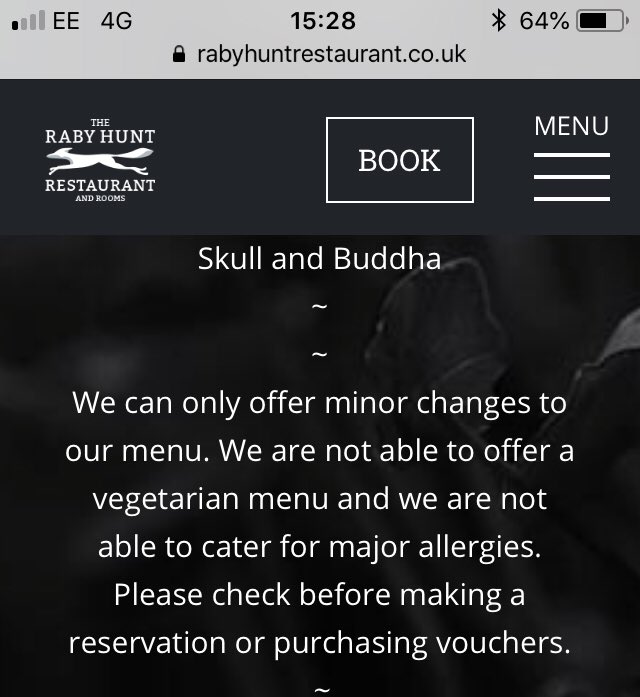 theNADiaries's tweet photo. Apparently @therabyhunt can’t/won’t cater for allergies or vegetarians. We would expect more from a restaurant of this  standard- not acceptable! https://t.co/SgwGl9O14w