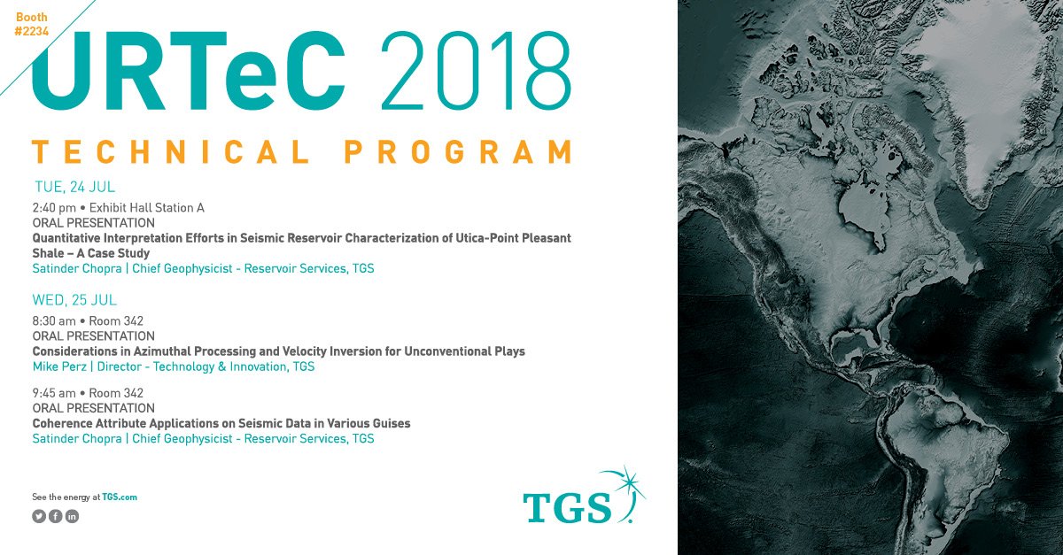 TGScompany's tweet photo. Headed to #URTeC? Schedule your talks now and include #TGS' presentations on Tuesday and Wednesday given by Chief Geophysicist Satinder Chopra and Director of Technology and Innovation Mike Perez. For more information, contact a rep at Booth # 2234 or at https://t.co/HNLETWZtqW https://t.co/U0DPLYjOKe