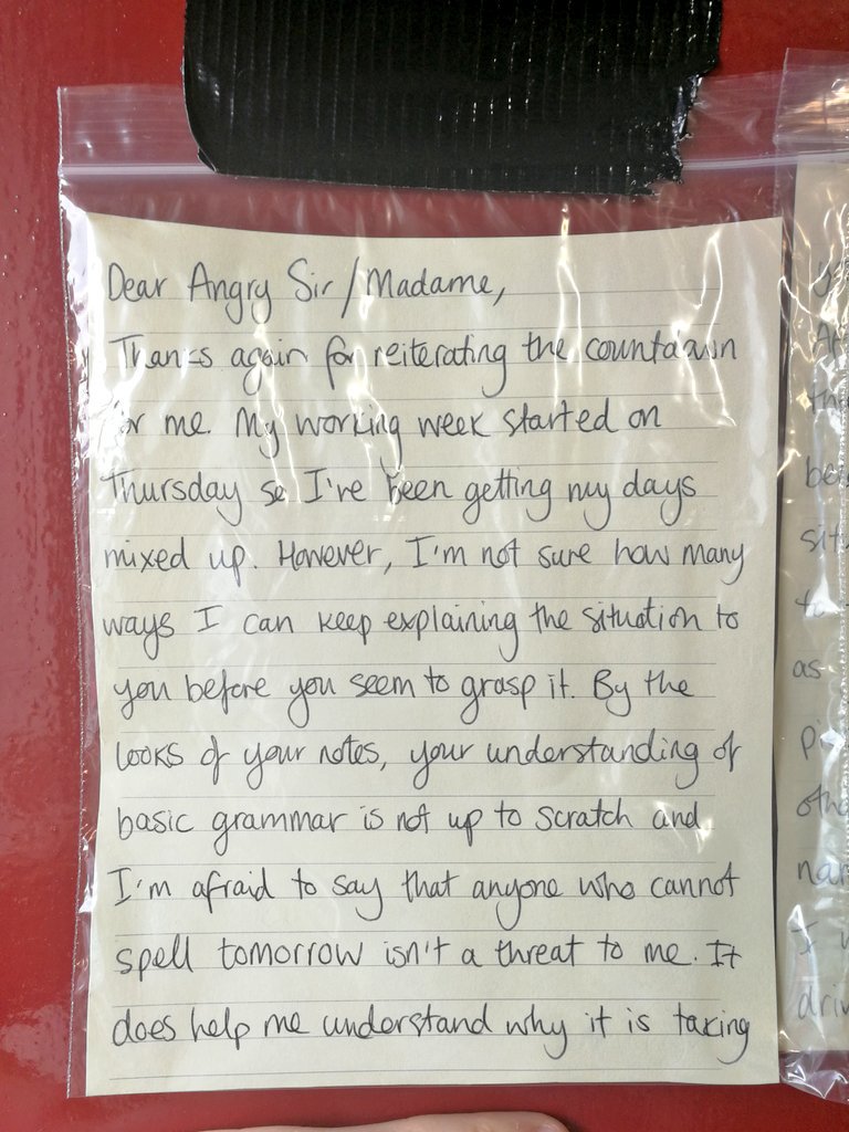iambandea's tweet photo. Update: #NoteGate. Neighbours keep stopping to talk to me about my notes. They all find it amusing. No one knows the culprit yet but we have a sneaking suspicion of who. https://t.co/ePIVbmanTp