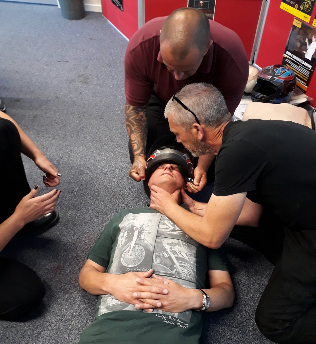 Always the part people are keen to practice on the @95Alive <a href="/NorthYorksFire/">North Yorkshire Fire & Rescue Service</a> Biker Down. Helmet removal if you are first on scene to a non-breathing casualty #Motorbikes #firstaid #emergencyresponse
