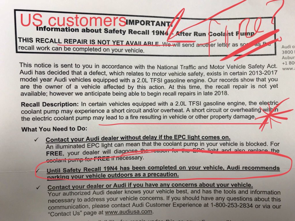 TCMabasa's tweet photo. US customers were told that solution for #AudiFire would be found somewhere in November, in the interim they were told to park their cars outside. In SA u are told it would take 2hrs to fix & it’s a mitigation in which fire may occur in “rare circumstances”Do the math. PR stunt https://t.co/DUXND8Nl6W