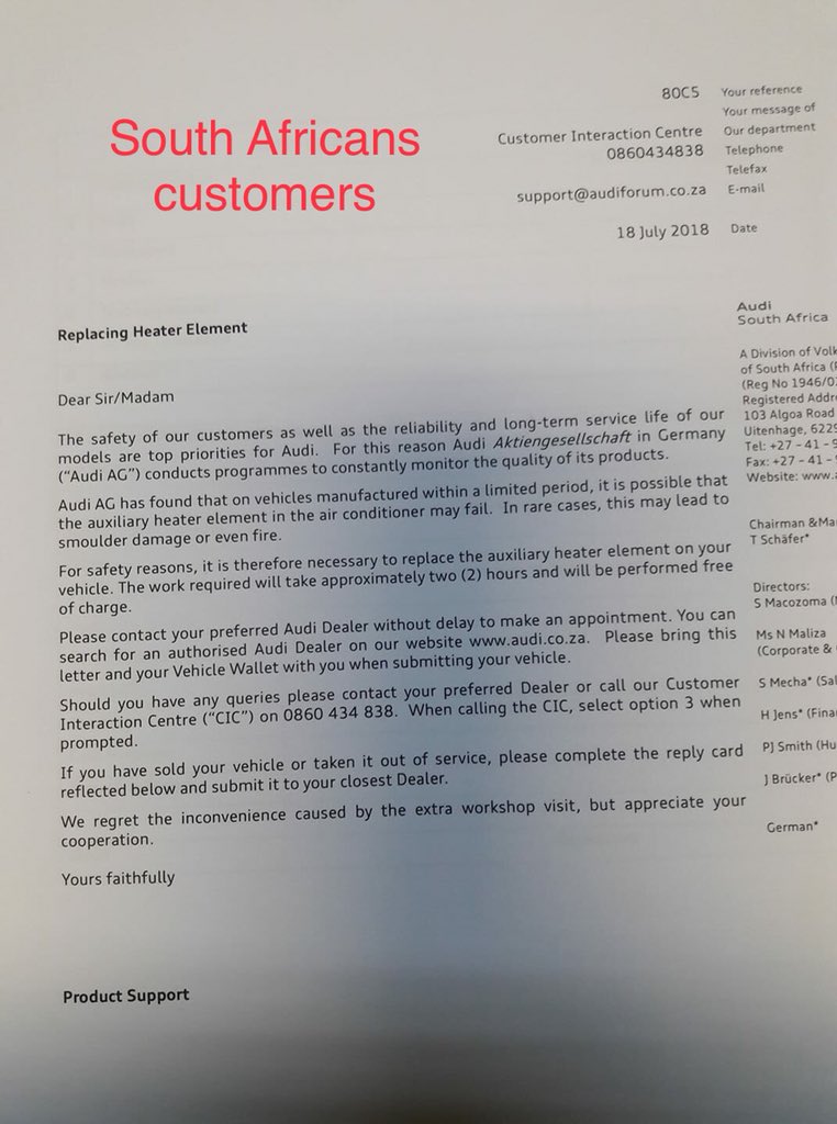 TCMabasa's tweet photo. US customers were told that solution for #AudiFire would be found somewhere in November, in the interim they were told to park their cars outside. In SA u are told it would take 2hrs to fix & it’s a mitigation in which fire may occur in “rare circumstances”Do the math. PR stunt https://t.co/DUXND8Nl6W