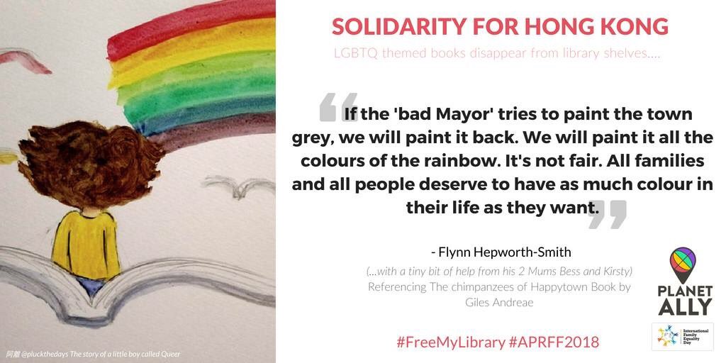 PlanetAllyApp's tweet photo. Our @bess_hepworth 6yr old Flynny shares his feelings about #HongKong book ban with an analogy from one of his fav books: The Chimpanzees of Happytown. “We’ll paint it back. We’ll paint it all the colours of the rainbow” Shout to @worldofhappy and @GuyParker_Rees #FreeMyLibrary https://t.co/jPvbsnBTde