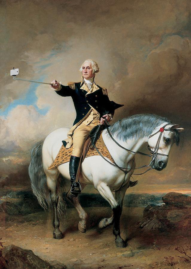 It was George Washington who started the fashion for looking directly at the camera when he captured the moment of his victory at Trenton in 1777. Enraged that his horse, Blueskin, refused to look at the phone, Washington later returned him to his original owner.