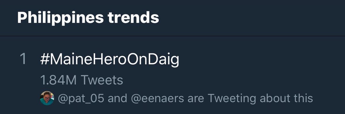 Kakatweet ko lang ah. 1.84M tweets na ang  #MaineHeroOnDaig

Twitter party pa tayo. Wooohh!

-G

<a href="/mainedcm/">Maine Mendoza</a> 
<a href="/MAINEnatics_OFC/">Maine Mendoza OFC</a> 
<a href="/macmendoza75/">Mary Ann Mendoza</a>