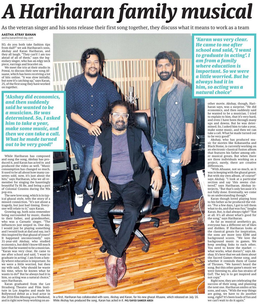 Had a fun chat with <a href="/mid_day/">Mid Day</a> about music, acting, family and of course #Afsaane! Song out now. bit.ly/Afsaane_Hariha…
<a href="/SingerHariharan/">Hariharan</a> <a href="/AkshayH019/">Akshay Hariharan</a>