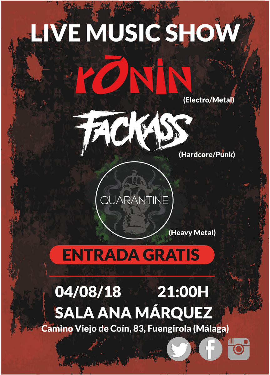 DiscomfortZoneB's tweet photo. GIG TIME!!! Próximo bolo el sábado 4/08 en Sala Ana Márquez junto a @QuarantineMetal y @inforOnins !!! IwI Va a ser una noche llena de pogos, birra y buena música!! IwI Os esperamos!! #GigTime #Music #Punk #Hardcore #Fackass #Ronin #Quarantine #Metal #Live #Party #MetalLife https://t.co/tegd1wkQu0
