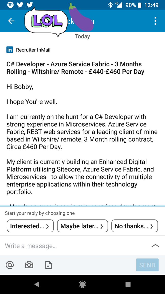 ZengFanYao's tweet photo. An example of how little attention #recruiters pay when sending out blanket, copy and paste messages. I'm as skilled a developer as I was in 1981. tempted if they upped it to 500 though... #shotgunapproach #recruitersarelazy #cvfarming https://t.co/naxOzTt2vl