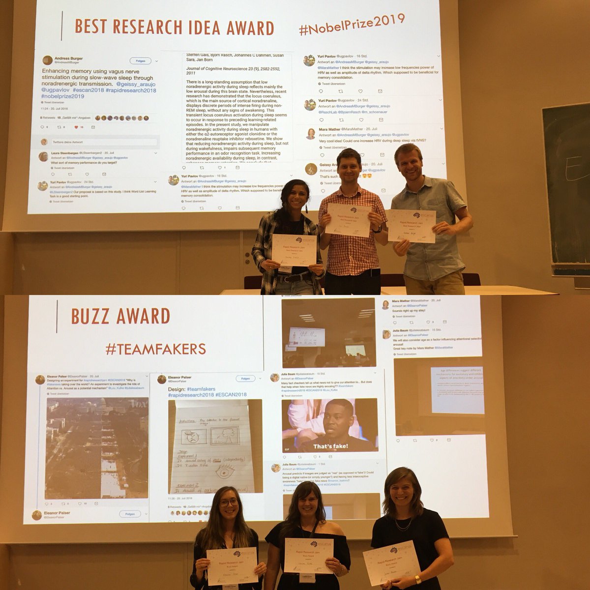escan2018leiden's tweet photo. Congratulations to Team #NobelPrize2019 for winning the Best Research Idea Award and #TeamFakers for winning the Buzz Award of the Rapid Research Jam #RapidResearch2018 at #ESCAN2018 We look forward to hearing about the results of your collaborations 😉 https://t.co/QbkzHF32g4