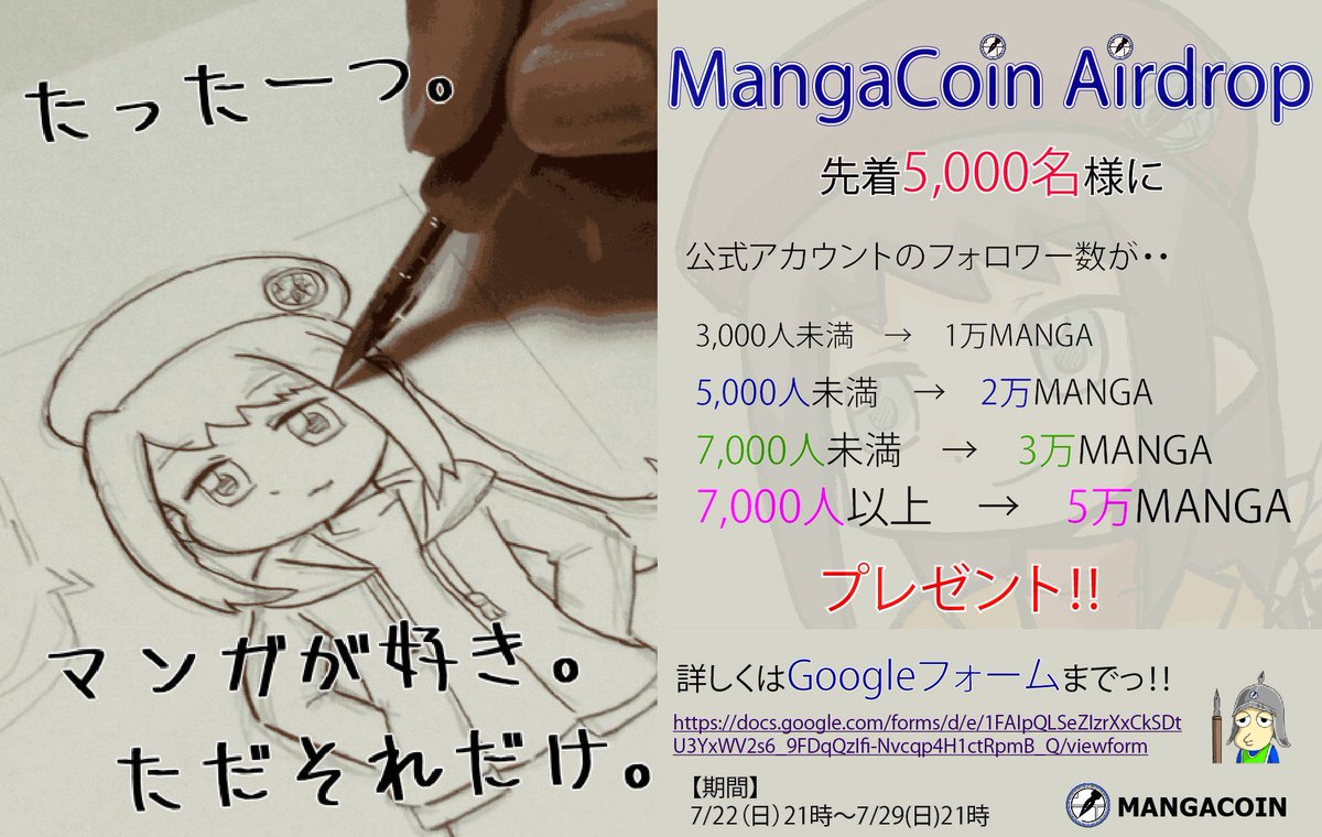 MangaCoinGlobal's tweet photo. <MangaCoin Airdrop! >
MangaCoin will be gifted to 5,000 first-come!
MANGA number changes according to the number of followers! !
Please carefully read the notes on Google Form below and submit your application.
https://t.co/ICn58UcV0H

#Airdrop #cryptocurrency #MANGA #MangaCoin https://t.co/XsZacX5uNb