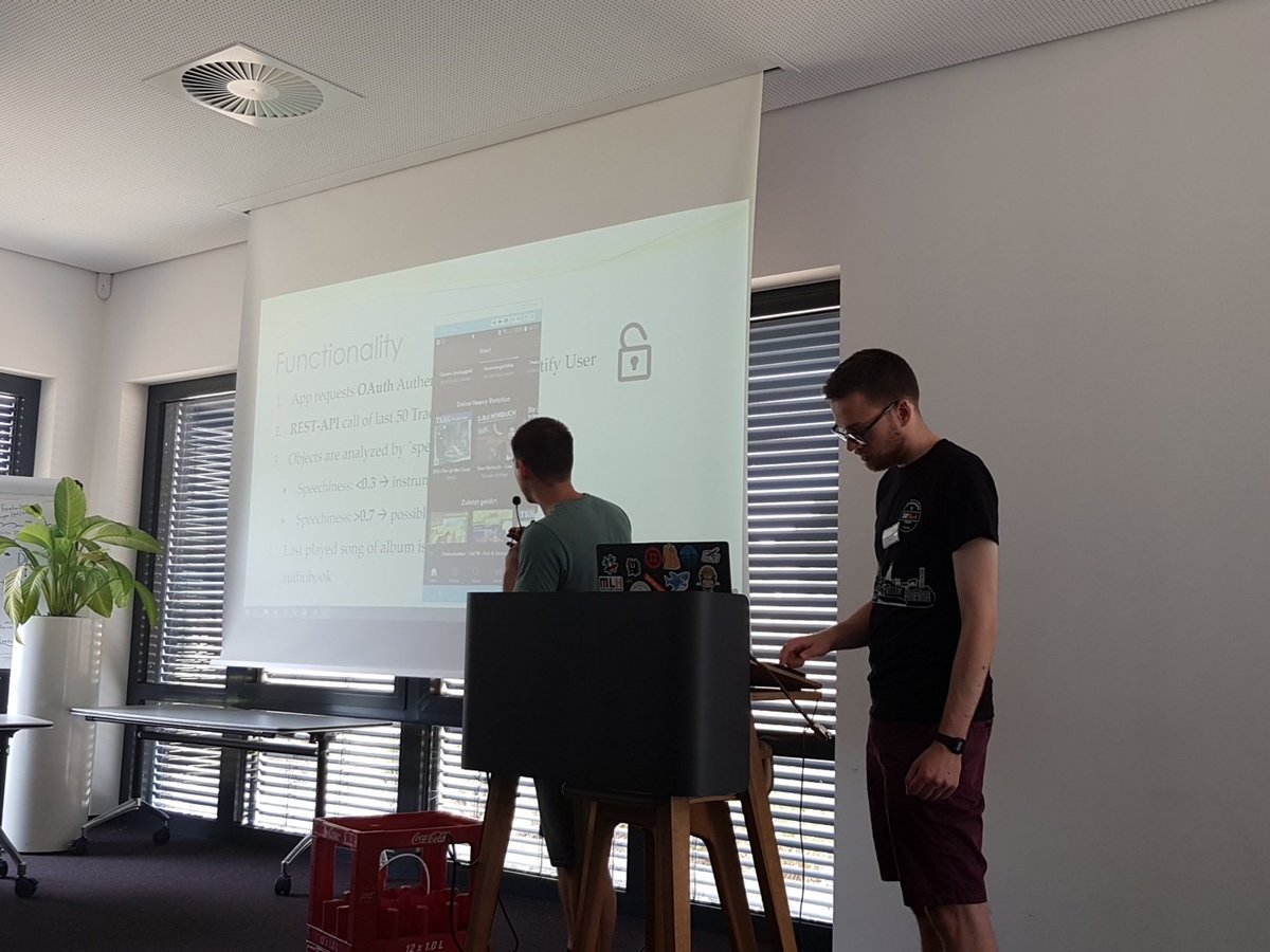 dohack_io's tweet photo. Team "SpotifyAudioTracker" presenting their idea about tracking audiobook listening in #spotify - a missing feature with #spring #android and #sqlite @adessoAG #DoHack2018 https://t.co/IvxSQWRy9Q