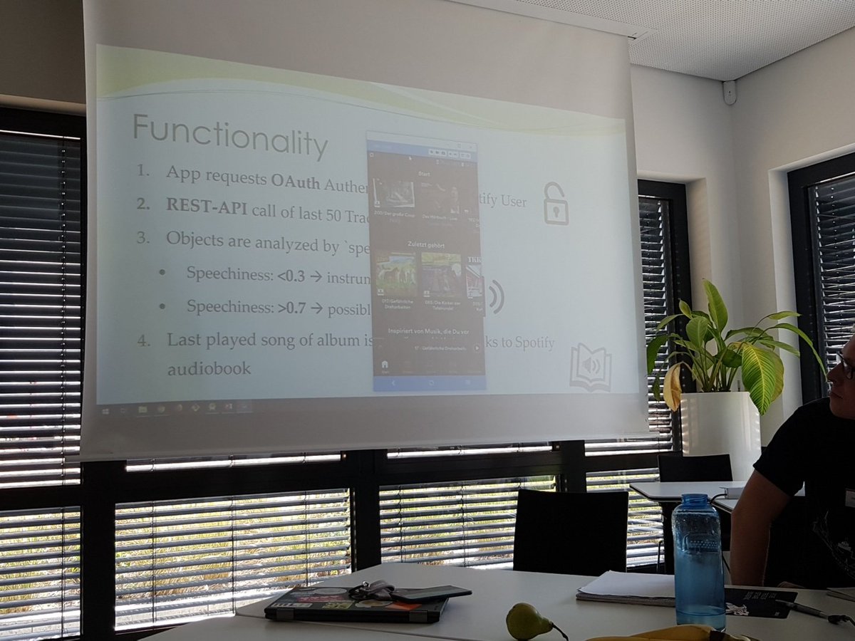 dohack_io's tweet photo. Team "SpotifyAudioTracker" presenting their idea about tracking audiobook listening in #spotify - a missing feature with #spring #android and #sqlite @adessoAG #DoHack2018 https://t.co/IvxSQWRy9Q