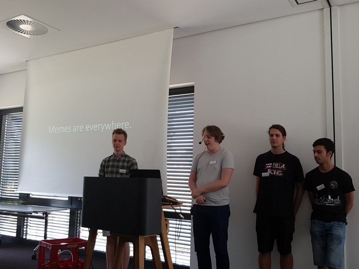dohack_io's tweet photo. Team "EliteMemer" presenting their idea about finding the perfect match - with your favorite meme! Great! #DiscoverWhatYouLove  @adessoAG #DOHack2018 https://t.co/E2HWKCe7hJ