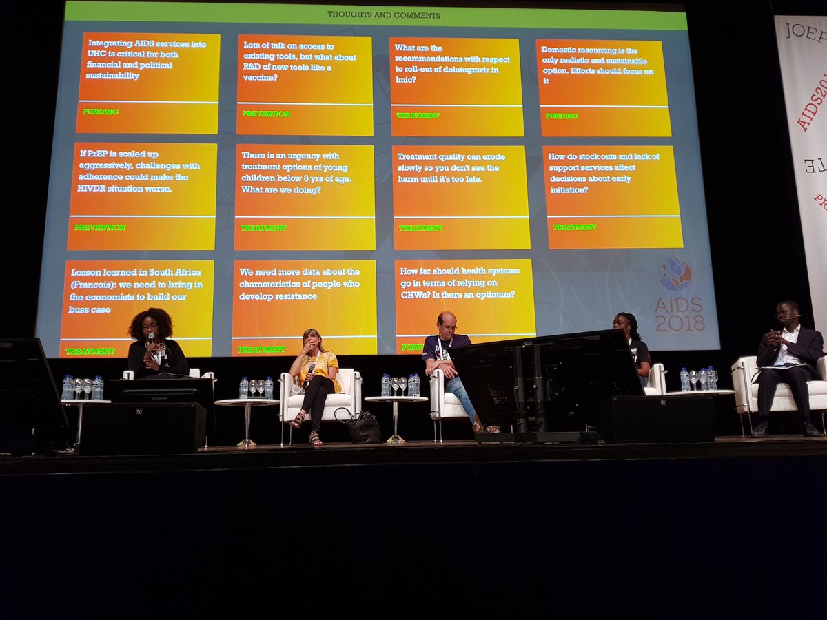JoepLangeInst's tweet photo. A lot of interesting statements and questions during our last panel about treatment! They were submitted online through @sqiffer by the audience. Through brainstorming and discussion can we find better ways to treat people and end the epidemic! #FasterAndBetter #AIDS2018 #JLI https://t.co/61AU7XZaKa