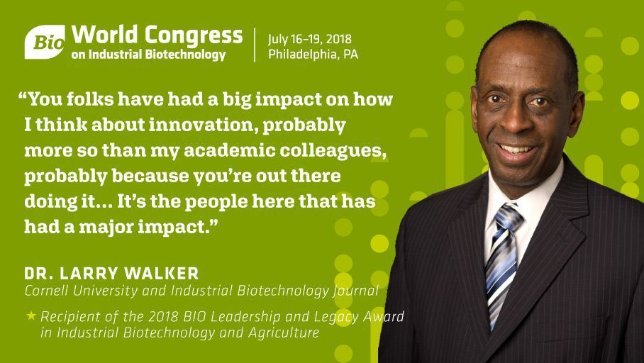 IAmBiotech's tweet photo. ICYMI: BIO presented @LiebertPub's Dr. Larry Walker with the 3rd annual Leadership & Legacy Award in Industrial Biotechnology & Agriculture at today's lunch plenary at #BIOWC18. Reflecting on his time as an academic, Dr. Walker noted the influence the industry has on his success. https://t.co/N5oX112ZgW