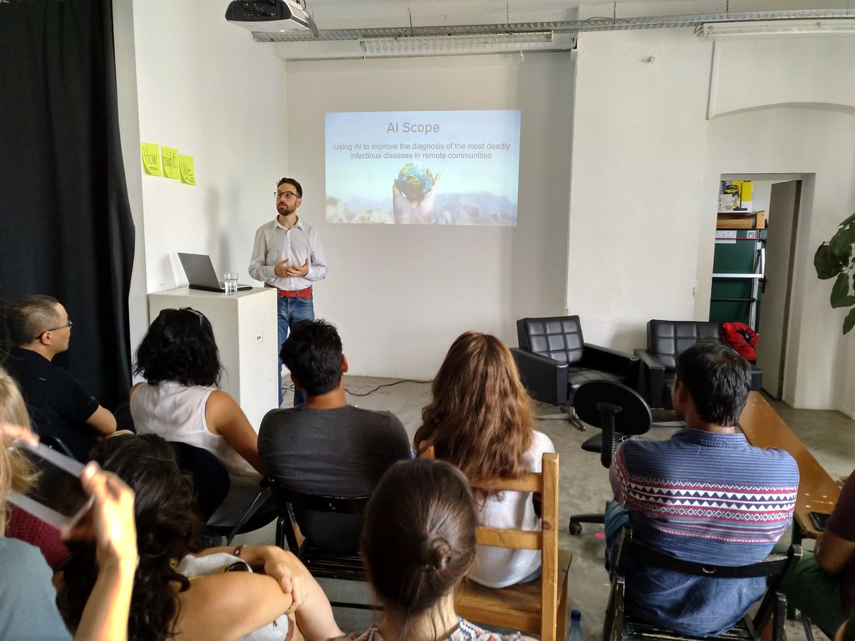 theaiscope's tweet photo. And we are off! Eduardo our founder gives an introduction into our technologies. #aiforgood #fightmalarianow #hackathon #datasciencesleepover https://t.co/gx2kYsgaCQ