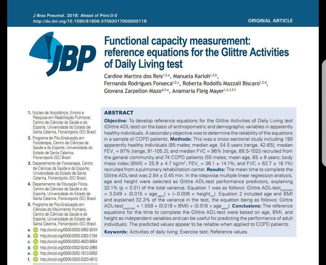 CardineReis's tweet image. Equações de referência para o teste Glittre Activities of Daily Living.
#functionalcapacity #COPD #pulmonaryrehab