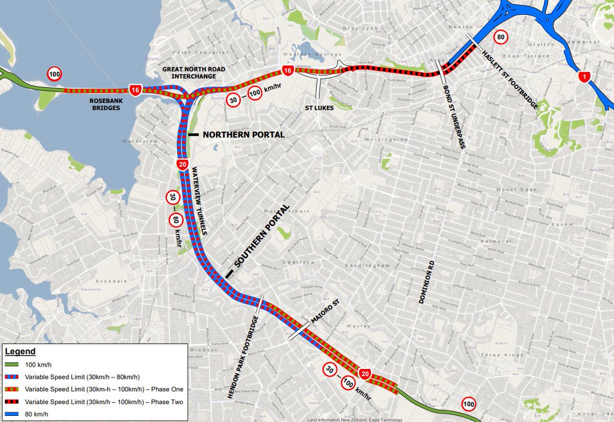 nztaaklnth's tweet image. WATERVIEW SPEED LIMIT CHANGE - STARTS TODAY 
Today variable speed limits will be extended on sections of #SH16 and #SH20 around the Waterview Tunnel to allow maximum speeds of 100km/h. Read more here: ow.ly/AgpA30kYYzn and remember to #WatchTheSigns.