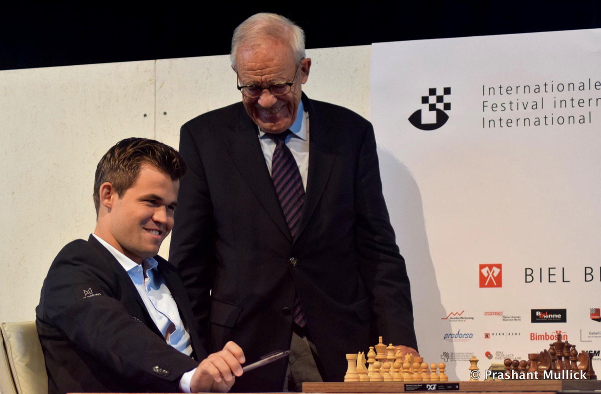chessdadin's tweet photo. The 2nd oldest chess tournament in Europe, the 51st Biel International Chess Festival kicks off featuring World Champion Magnus Carlsen, World No. 3 Shakhriyar Mamedyarov and No. 8 Maxime Vachier-Lagrave.

Opening move played by sponsor Accentus.

#BielChess2018 
@ChessbaseIndia https://t.co/eEY3yg2HyS