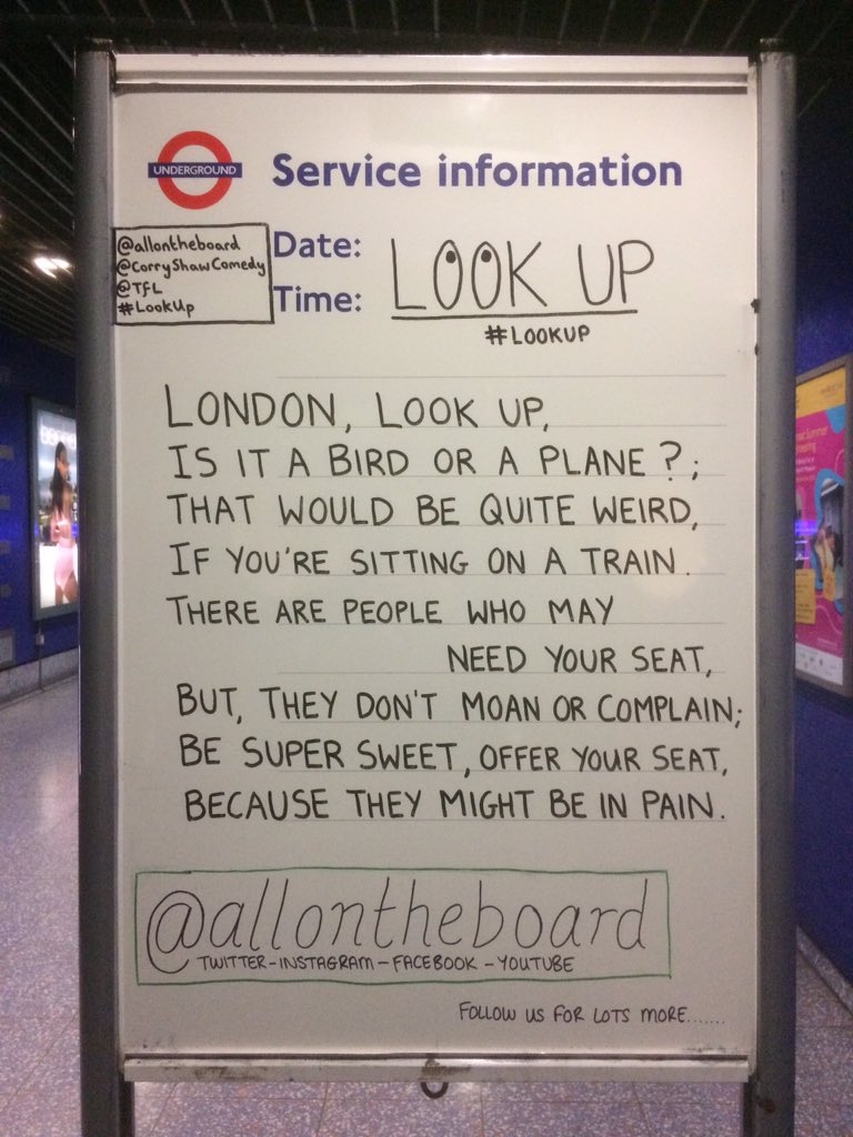 allontheboard's tweet photo. LOOK UP. For those that can please do so. Humanity and kindness cost nothing. #LookUp @allontheboard @CorryShawComedy @TfL @LDNOverground @LondonDLR @TfLBusAlerts @TfLRail @nationalrailenq #allontheboard #humanity #KindnessMatters #transportforlondon #TfL #Trains #Buses #Kind https://t.co/Z2EYNLGIyd