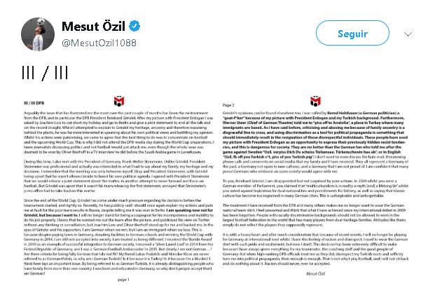 chirichampions's tweet photo. "Tengo dos corazones, uno alemán y otro turco"

Ozil RENUNCIA a la selección alemana por sentir "racismo" tras subir su foto con Erdogan. https://t.co/U8PEohutNp