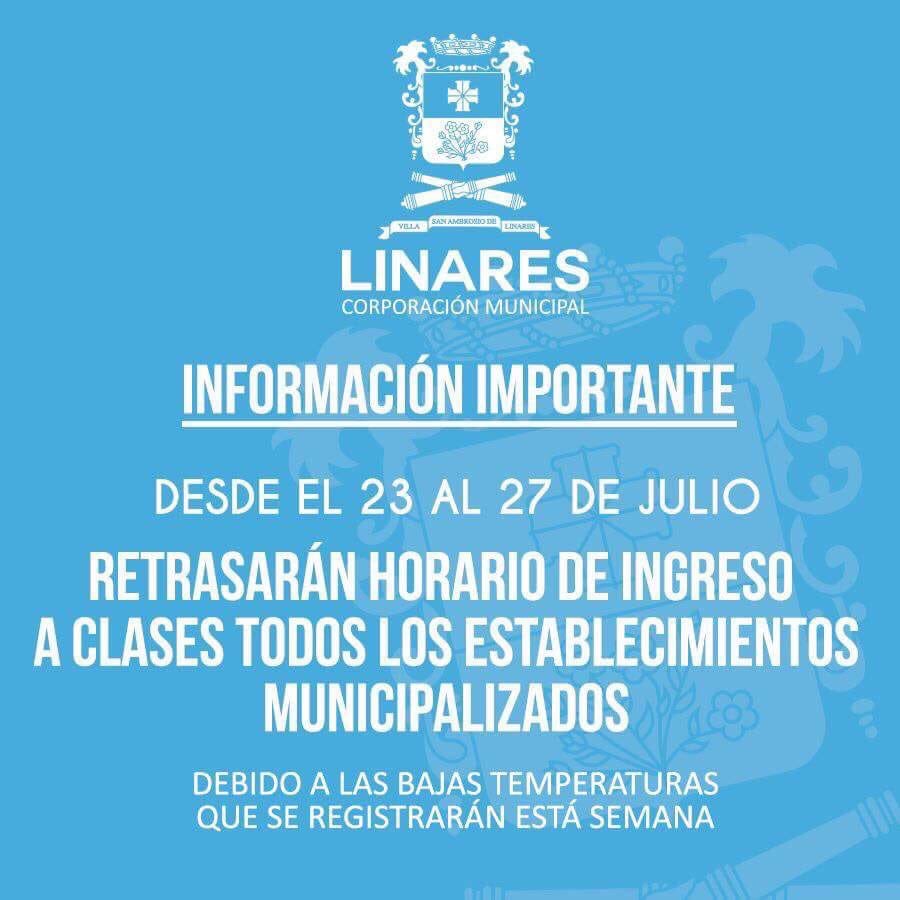 TVCONTIVISION's tweet photo. ⚠️ATENCIÓN⚠️ Para los apoderados y alumnos de establecimientos educacionales del sector municipal de la comuna de #Linares, #SeRetrasa la hora de ingreso a clases. Esta medida, producto de las bajas temperaturas que afectarán a la región del #Maule. https://t.co/XbXSgSkDBv