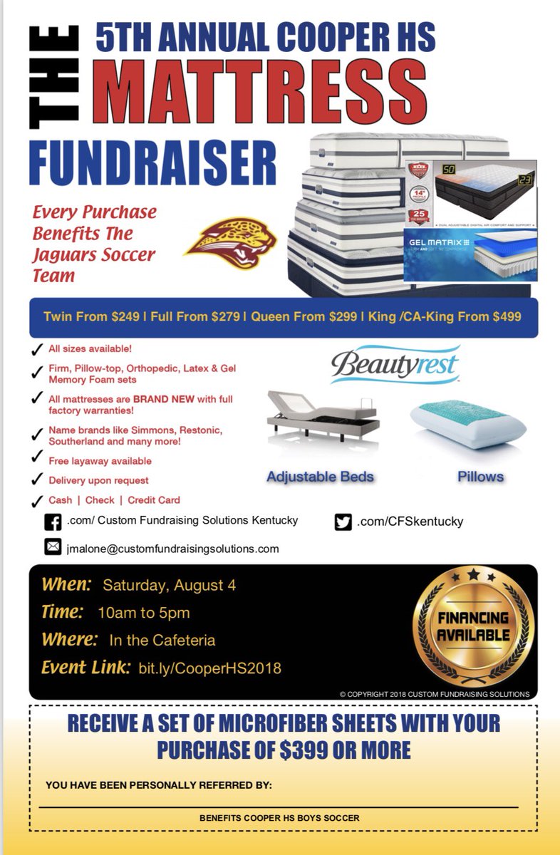 RCHS_Jaguars's tweet photo. Cooper Men’s soccer team will be hosting a mattress sale on Sat., August. 4 in the commons/cafeteria,10a-5p. https://t.co/2KzBTGfRN8