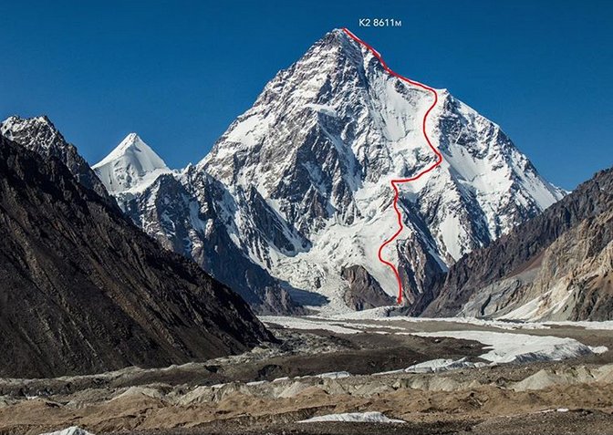 EverestToday's tweet image. This red line is now a 'Bargiel Ski Line.' Respect to 30 y/o Polish hero Andrzej Bargiel @JedrekBargiel who skied down savage Mt #K2 (8611 m) today keeping the world speechless. #K2SkiChallenge