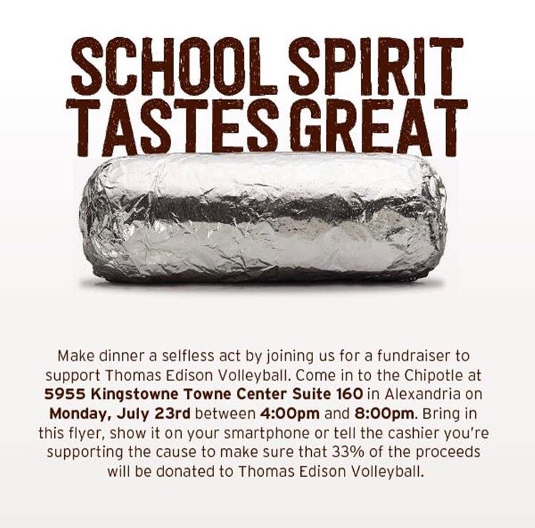 Come out to support the Edison Volleyball program at Chipotle tomorrow!! Tell your friends and family! #eaglepride 🦅 Make sure to tell them when you buy your here for Edison