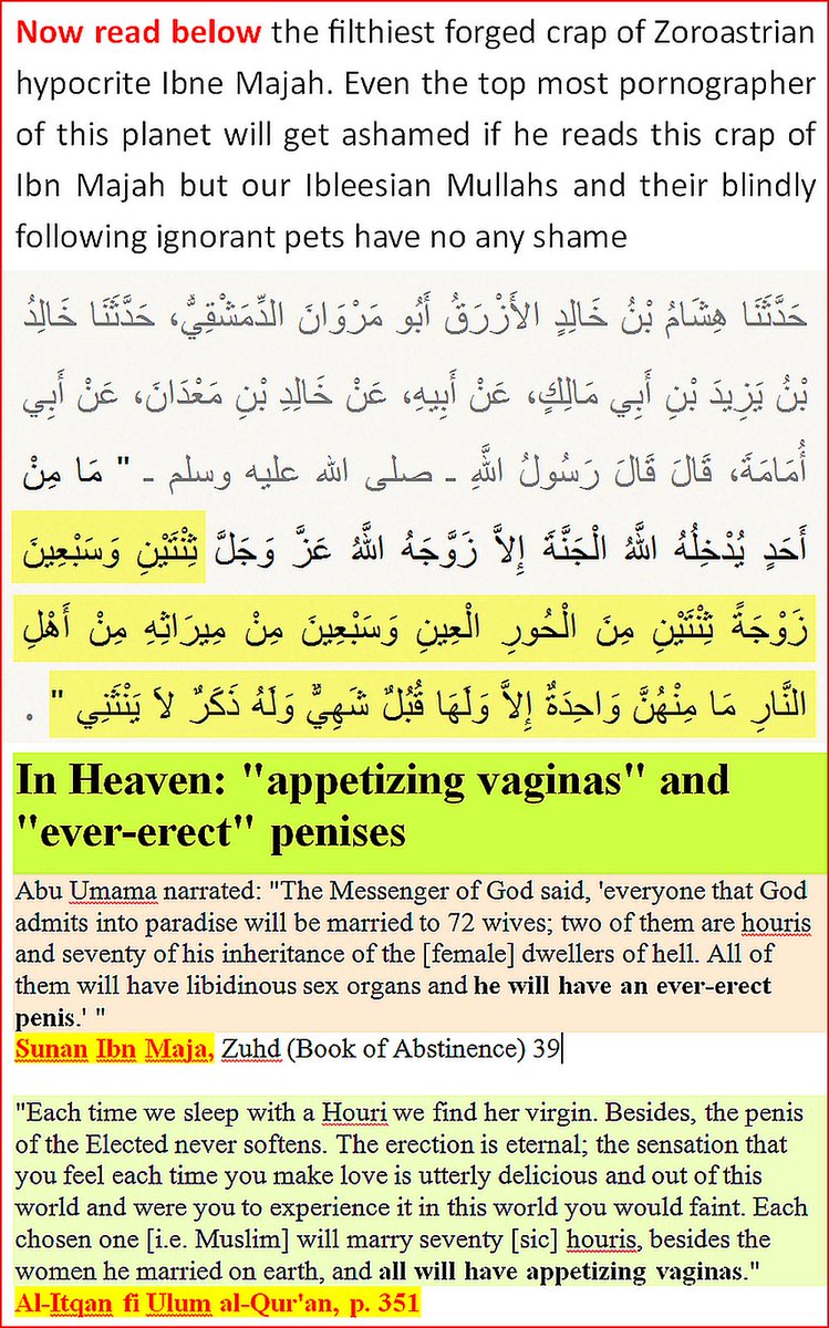 Truthr's tweet photo. @ahmad_h_khan @whoppery @DrRashidShah Show this ur so called Hadith to your #daughters and #Sisters>Ibn Majah

In Paradise, Man will marry 70 women of #Hell &amp; 2 Hoori &amp; Vagina of all 72 Wives will be #Libidinous &amp; Penis of Man will stay hard &amp; erectile all the time.

Do U think Great Man Mohammad said so? Never https://t.co/NMVJMwxBtl